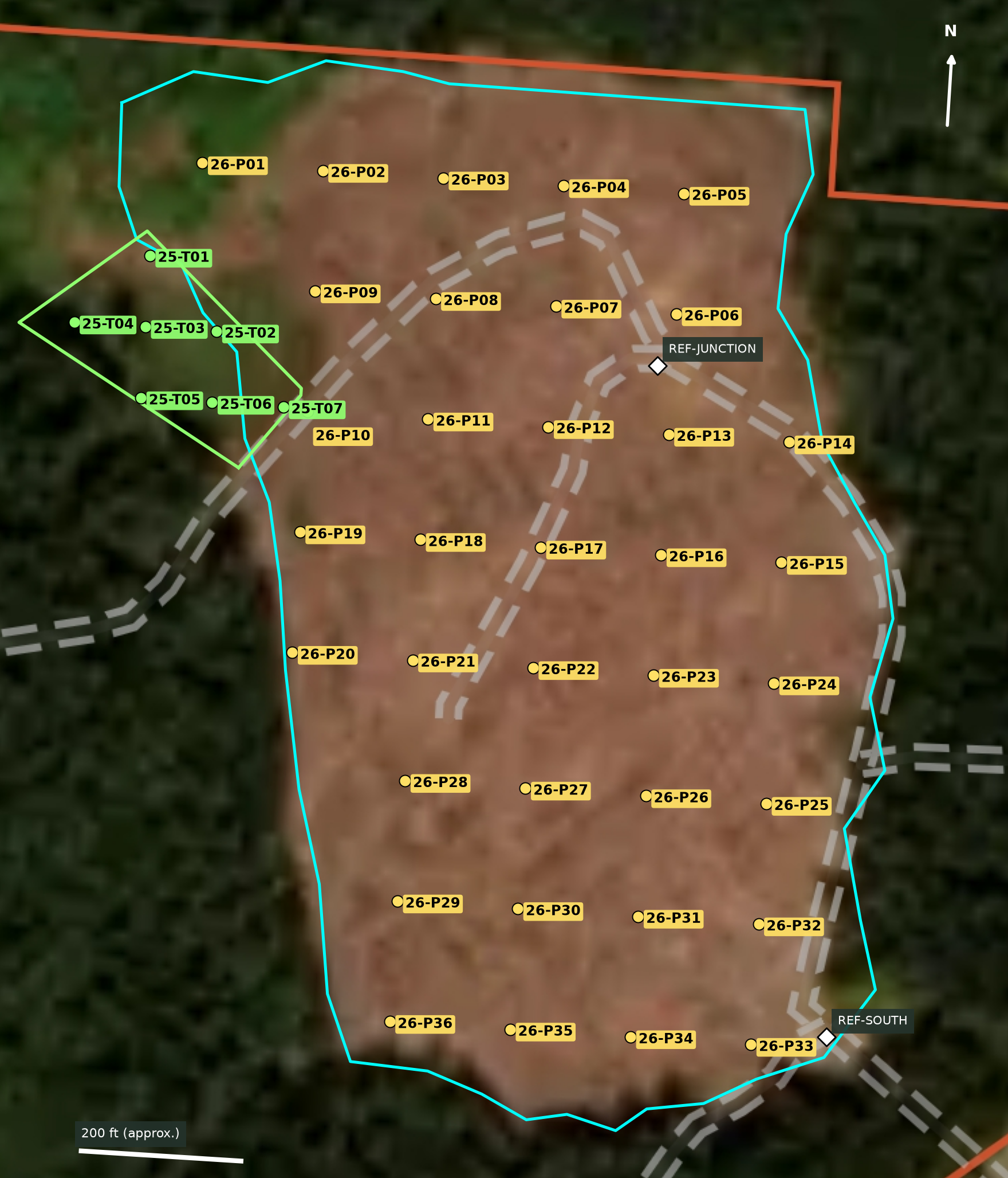 Eli's August clearcut image with 36 yellow 2026 plot centers, seven green 2025 trial centers, the traced cyan clearing boundary and two road-junction reference points